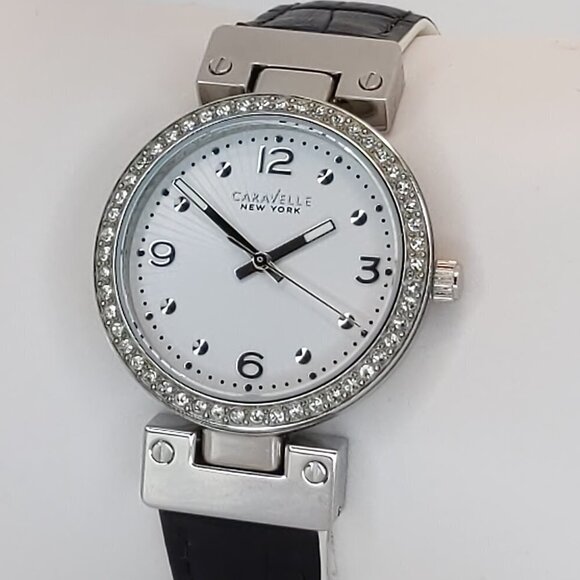 Caravelle Ladies Dress Watch By Bulova Crystal Bezel Reversible Strap 32mm - Picture 1 of 15